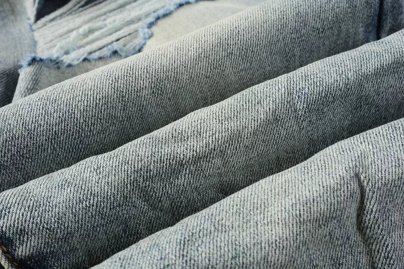 2025 Jeans Man's High Street Blue Ripped Distressed Skinny Jeans Low Rise Denim Trousers Fashion Repair Pants 9003