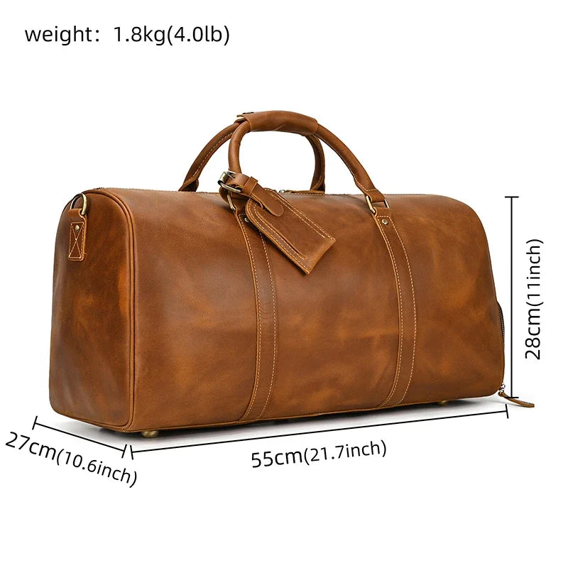Custom Name Mens Leather Travel Duffle Bag Cow Leather Men's Weekender Bags Real Cowskin Leather Handbags For Travelling Outdoor