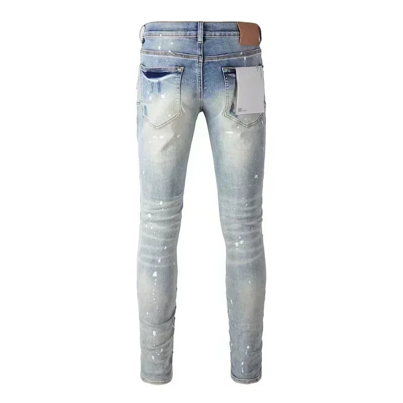 2025 Jeans Man's High Street Blue Ripped Distressed Skinny Jeans Low Rise Denim Trousers Fashion Repair Pants 9003