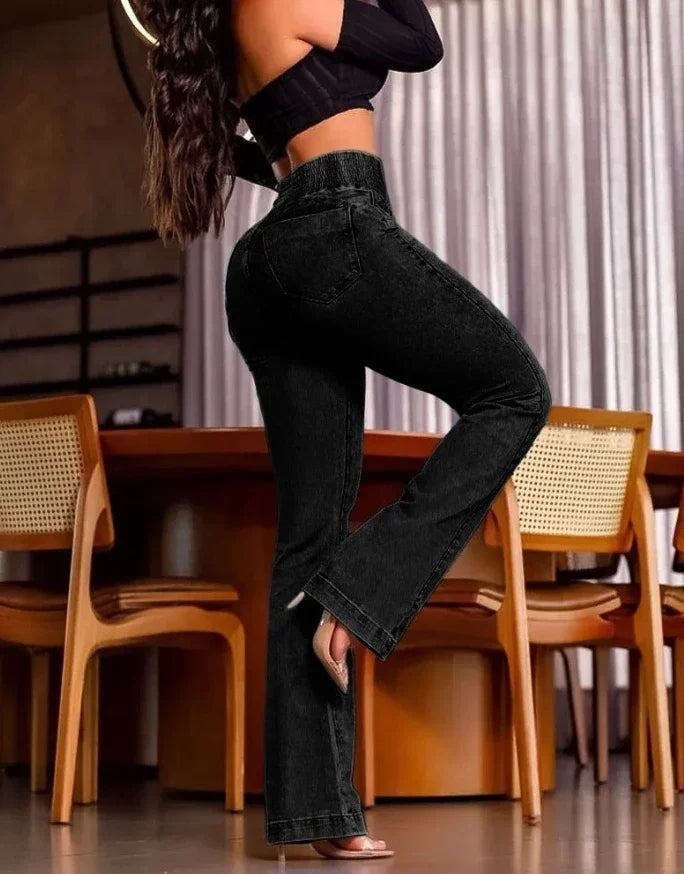 ALLUKASA 2025 autumn winter  Elegant High Waist Button Front Casual Female Jeans Sexy  Fashion Back Shirred Trouser Bottom