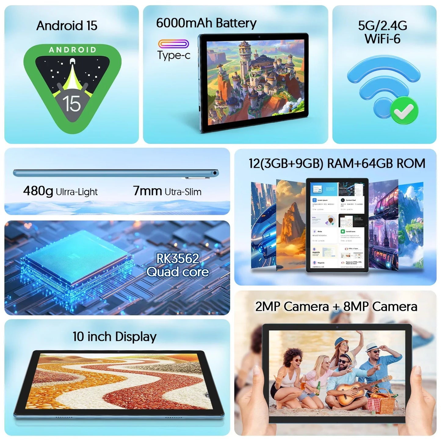 BAKEN 10-inch Android 15 tablet, quad-core processor, 12GB (3+9 expansion) RAM + 64GB storage, 5G WiFi, 1280*800 dual cameras