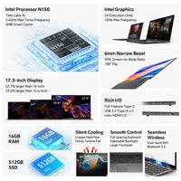 Teclast F17Plus 17.3 inch Laptop Intel N150 16GB RAM 512GB SSD Windows 11 Notebook 180° Flip Computer Backlit Keyboard mini-HDMI