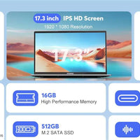 ACEMAGIC 17.3inch Laptop with High Performance Quad Core-12th Alder Lake N97 Laptop Computer Spacious Storage 16GB RAM 512GB ROM