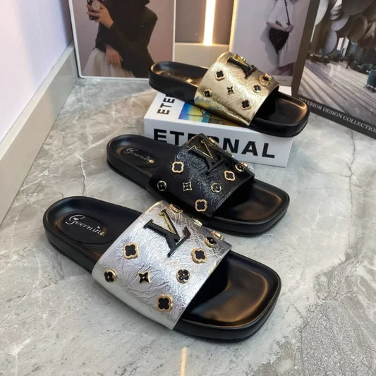 Women's Leather Luxury Thick Soled Slippers 2025 Summer New Fashion Brand Comfortable Flat Sandals for Women Slides Women