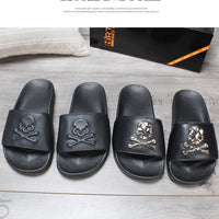 2025 New Arrival Men Genuine Leather Skull Slippers Men's Solid Flat Non-slip Rubber Soles Metal Skull Slides Unisex