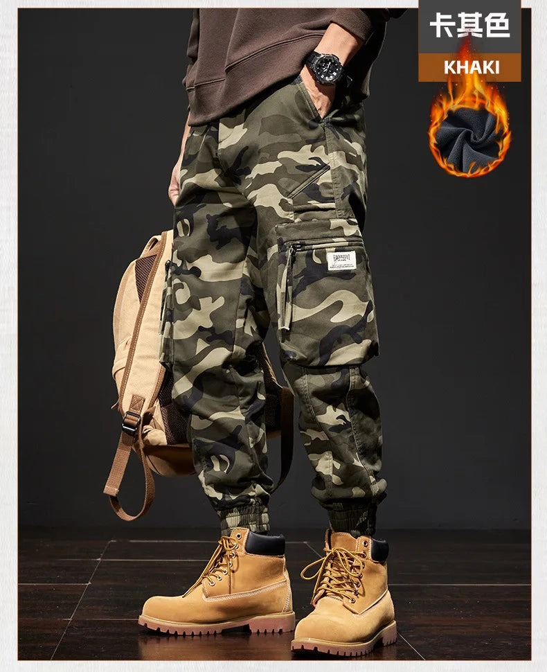 2025 NewMen's Fleece-Lined American Camouflage Casual Multi-Pocket Loose Zipper Jogger Pants Autumn Youth Trendy Workwear