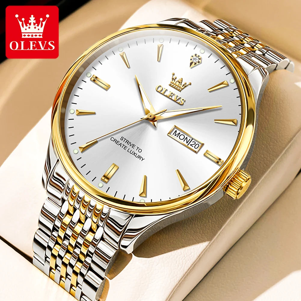 OLEVS Men's Watches Fashion Simple Calendar Week Luminous Waterproof  Steel Strap Man Watch Original Quartz Watches for Men 2929