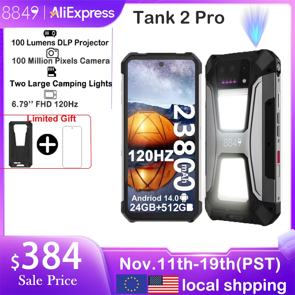 8849 Tank 2 PRO Rugged Smartphone with Projector 16GB 256GB Mobile Phone 23800mAh 120W Android 14 Phone 100MP Cell Phone