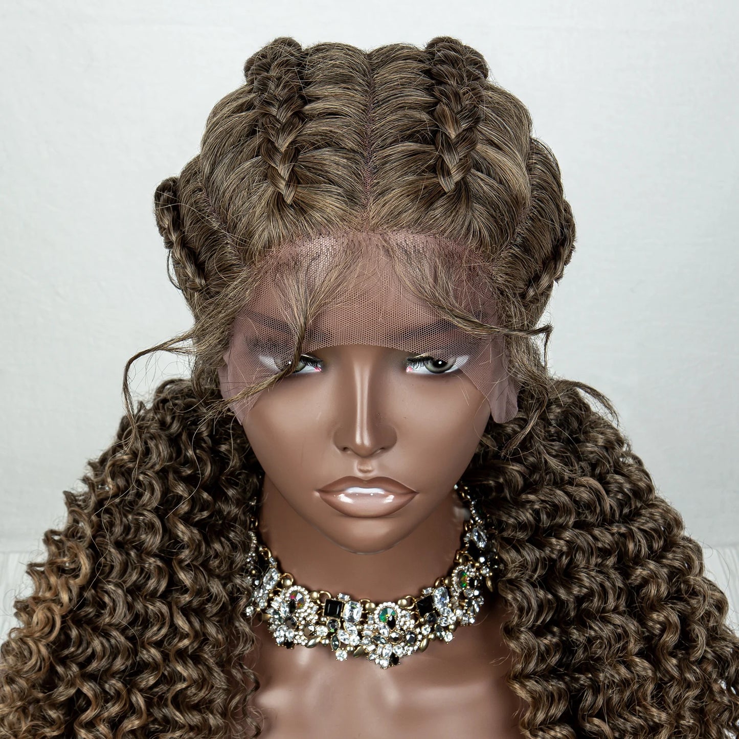 22inch Cornrow Braided Wigs Synthetic Lace Front Braids Wigs with Baby Hair 2 Curly Ponytail Braided Wigs for Black Women