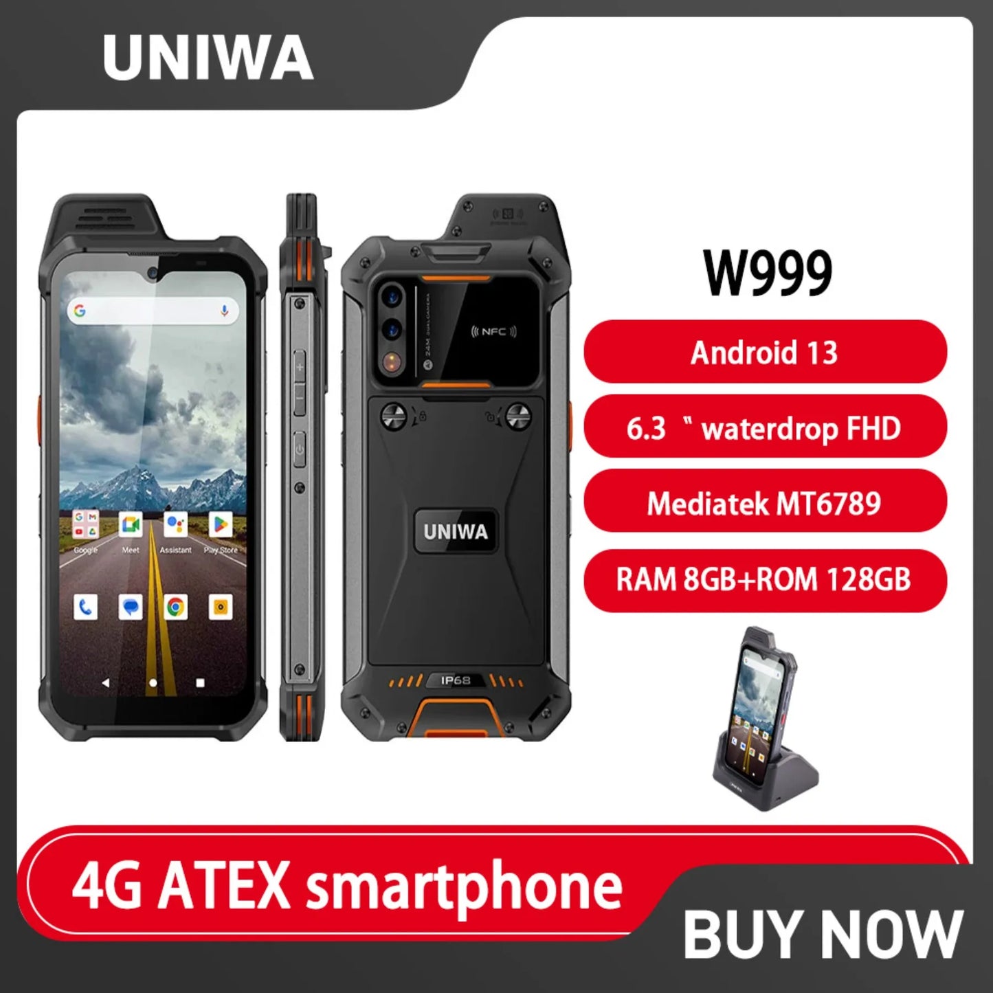 UNIWA W999 ATEX Explosion Rugged Smartphone Waterproof Walkie Talkie Helio G99 8GB+128GB 6.3“ FHD 4400mAh  Andriod 13 Cell Phone