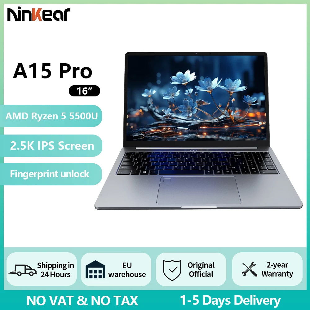 Ninkear A15 Pro Laptop 16" IPS 2.5K FHD AMD Ryzen5 5500U Notebook 16G DDR4 3200Mhz+512GB SSD 54Wh Battery Windows11 PRO Computer