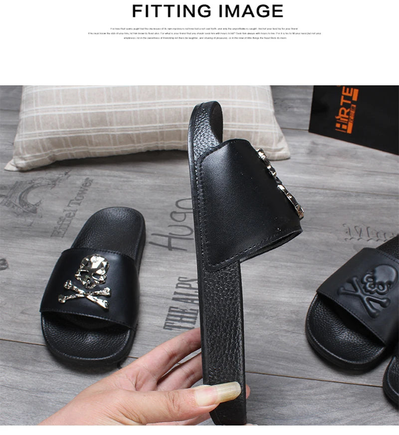 2025 New Arrival Men Genuine Leather Skull Slippers Men's Solid Flat Non-slip Rubber Soles Metal Skull Slides Unisex