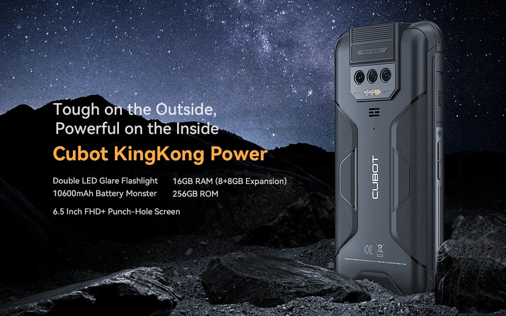 CUBOT Kingkong Power Outdoor Smartphone Android13,16GB+256GB,10600mAh(33W)/6.5”/48MP+20MP Night Vision,IP68/Dual 4G SIM/NFC/GPS