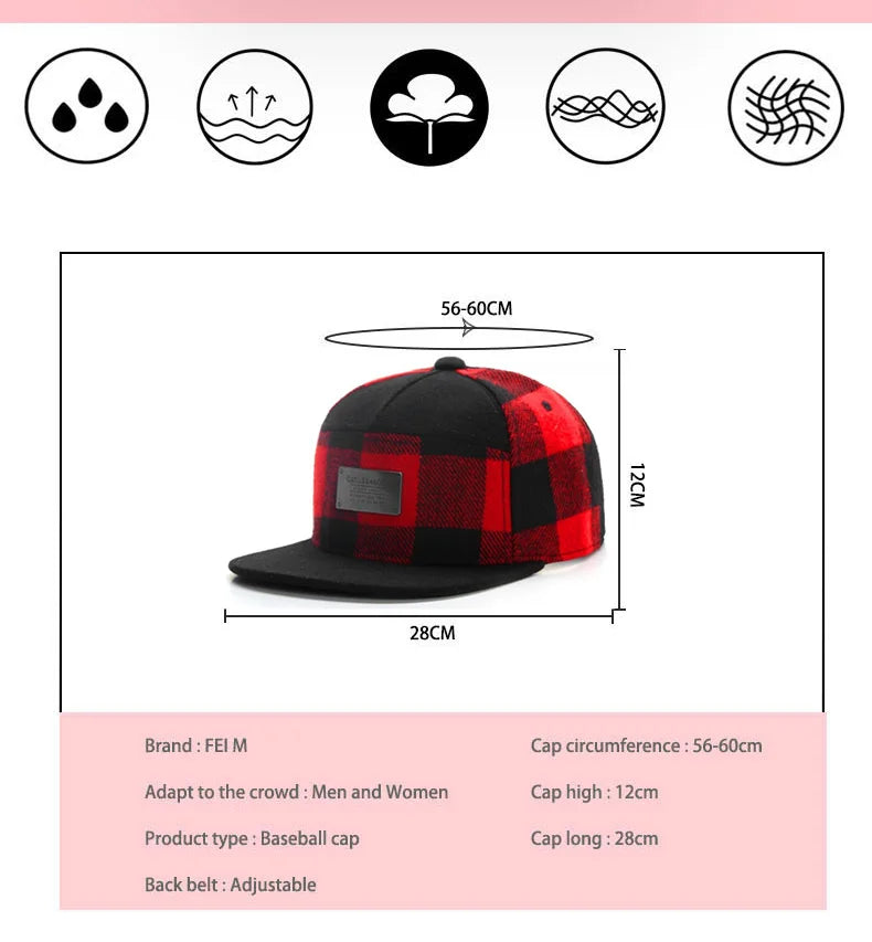 FEI M Fashion PLATED CAP Plaid Adjustable Snapback Cap Outdoor Adult Casual Sports Trucker Hat