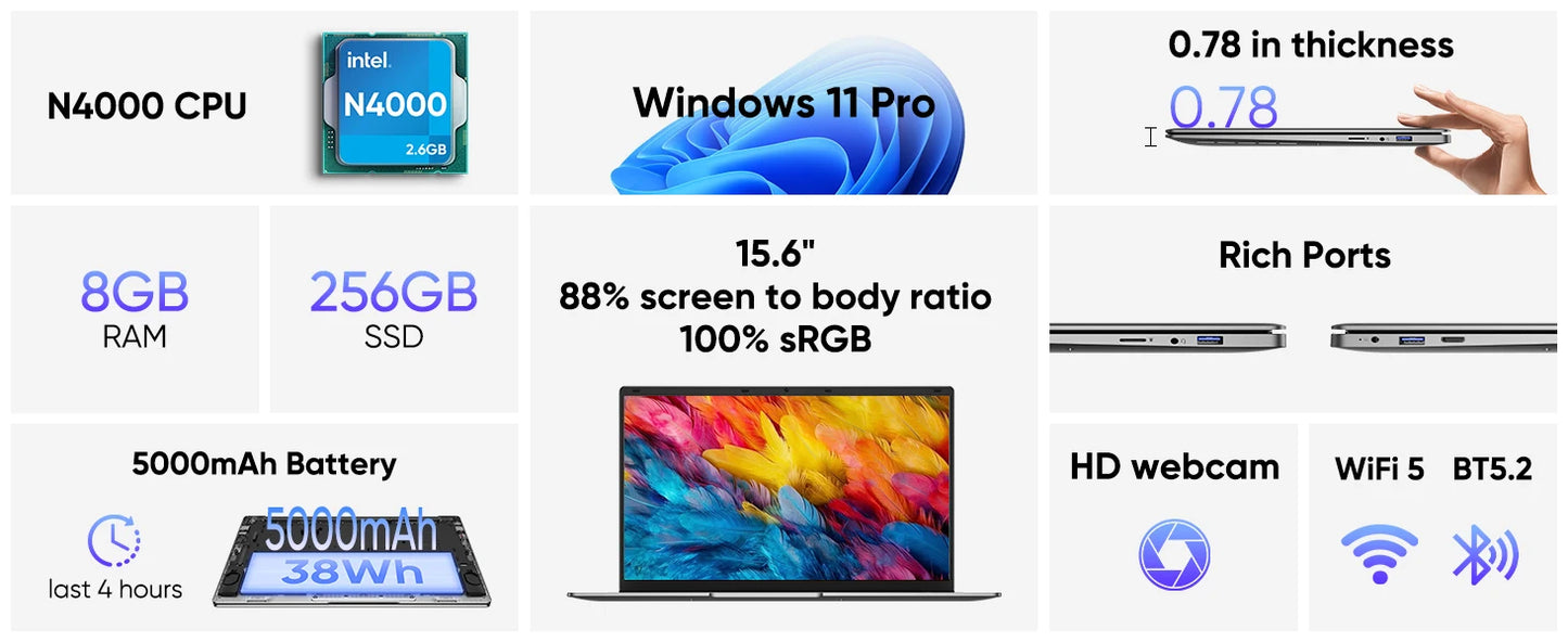 15.6 "Thin & Portable Laptop Computer Intel Celeron N4000 8GB RAM 256GB SSD FHD 1920x1080 16:9 Display For Work And Study