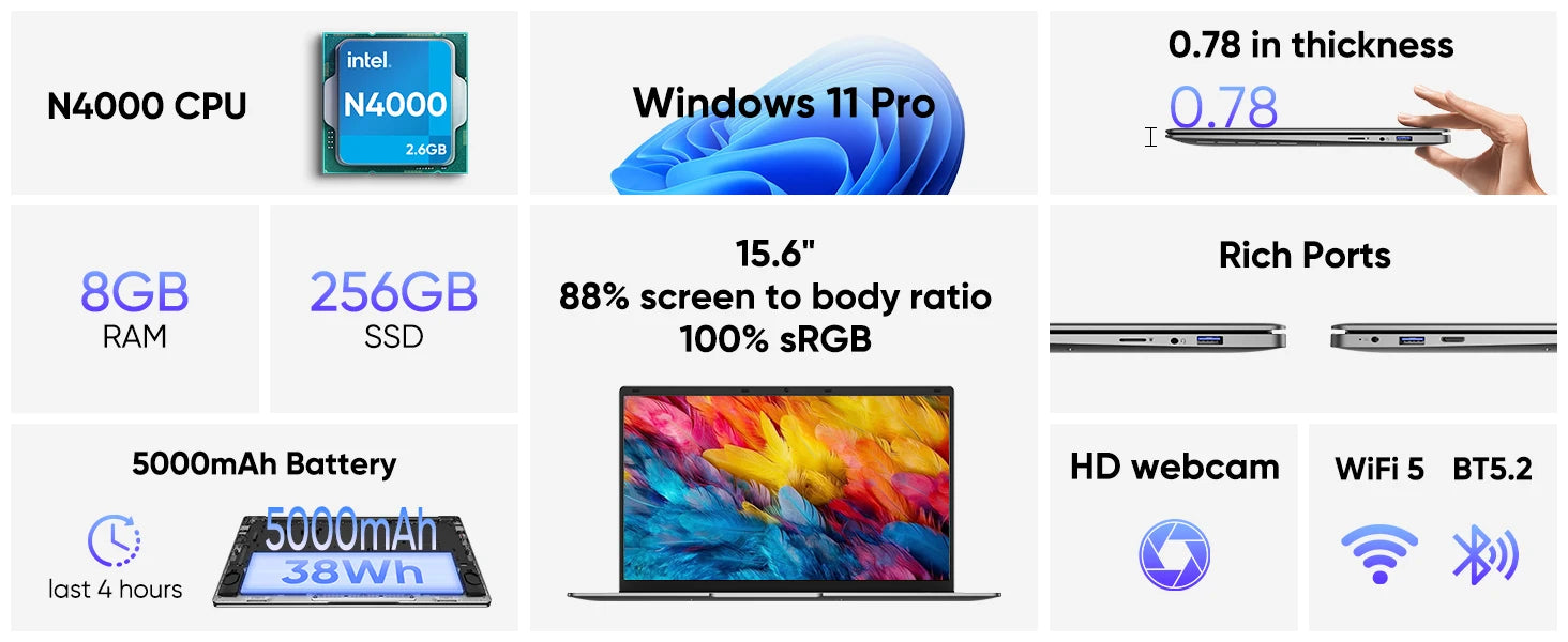 15.6 "Thin & Portable Laptop Computer Intel Celeron N4000 8GB RAM 256GB SSD FHD 1920x1080 16:9 Display For Work And Study