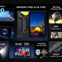 5G Rugged Tablet Ulefone Armor Pad 4 Ultra IP68/IP69K LED Light 11800mAh Battery,fast charging 16GB+256GB 50MP