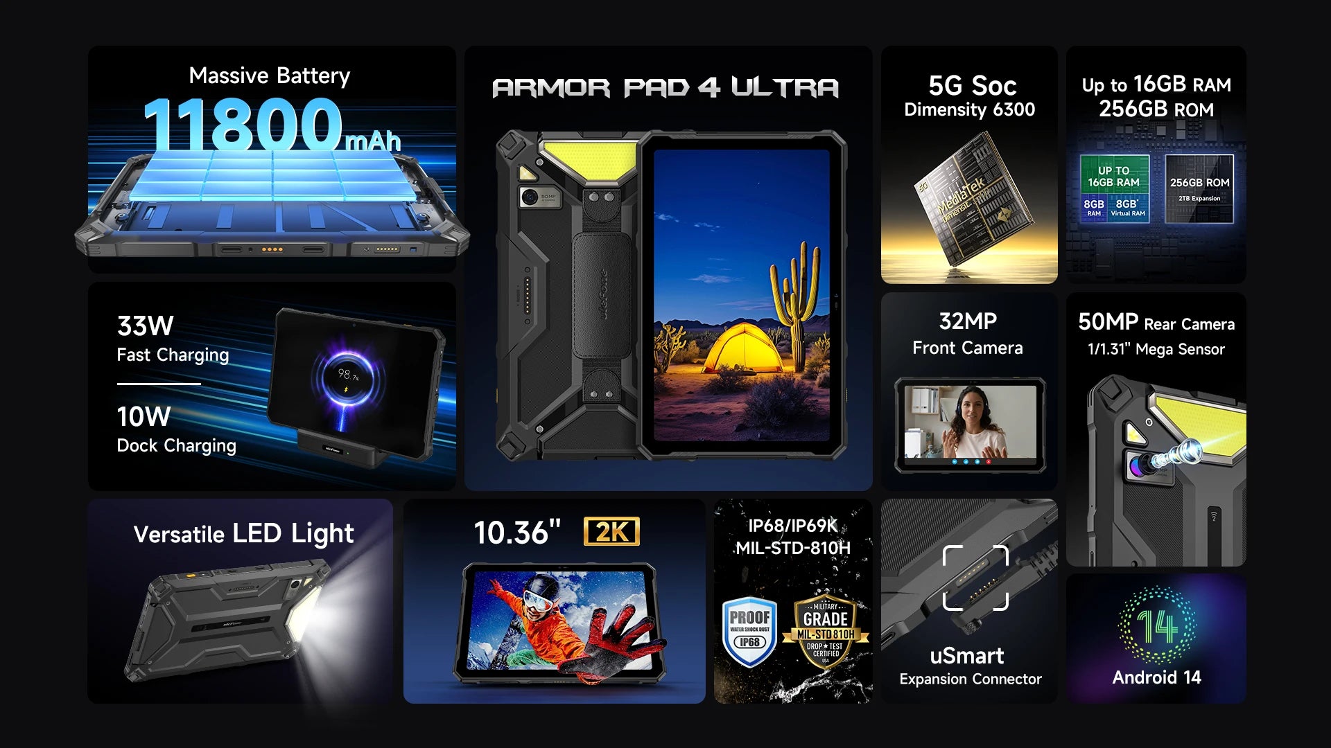 5G Rugged Tablet Ulefone Armor Pad 4 Ultra IP68/IP69K LED Light 11800mAh Battery,fast charging 16GB+256GB 50MP