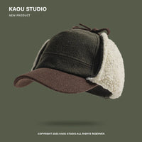 Retro Woolen Color Matching Bomber Hat Men and Women Street Japanese Trend Peaked Cap Plush Thermal Ear Protection Baseball Cap