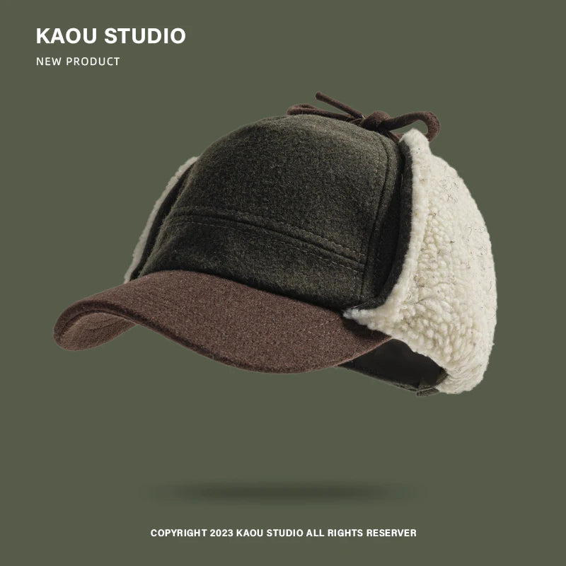 Retro Woolen Color Matching Bomber Hat Men and Women Street Japanese Trend Peaked Cap Plush Thermal Ear Protection Baseball Cap