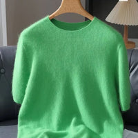 100% Mink Cashmere Knitted Short Sleeved Men's Loose Round Neck Solid Color Half Sleeved Simple T-Shirt Casual Business Cashmere