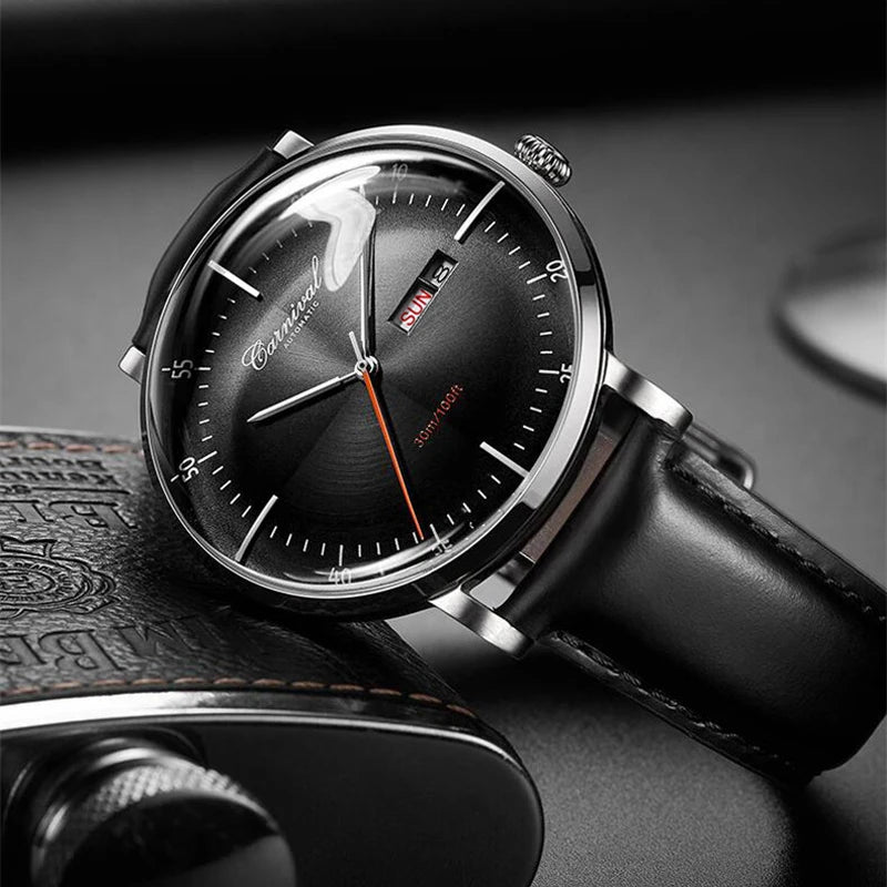Carnival Brand 3D Curved Dial Luxury Sapphire Automatic Watch for Man Leather MIYIOTA Mechanical Watch Sports Wristwatch Male