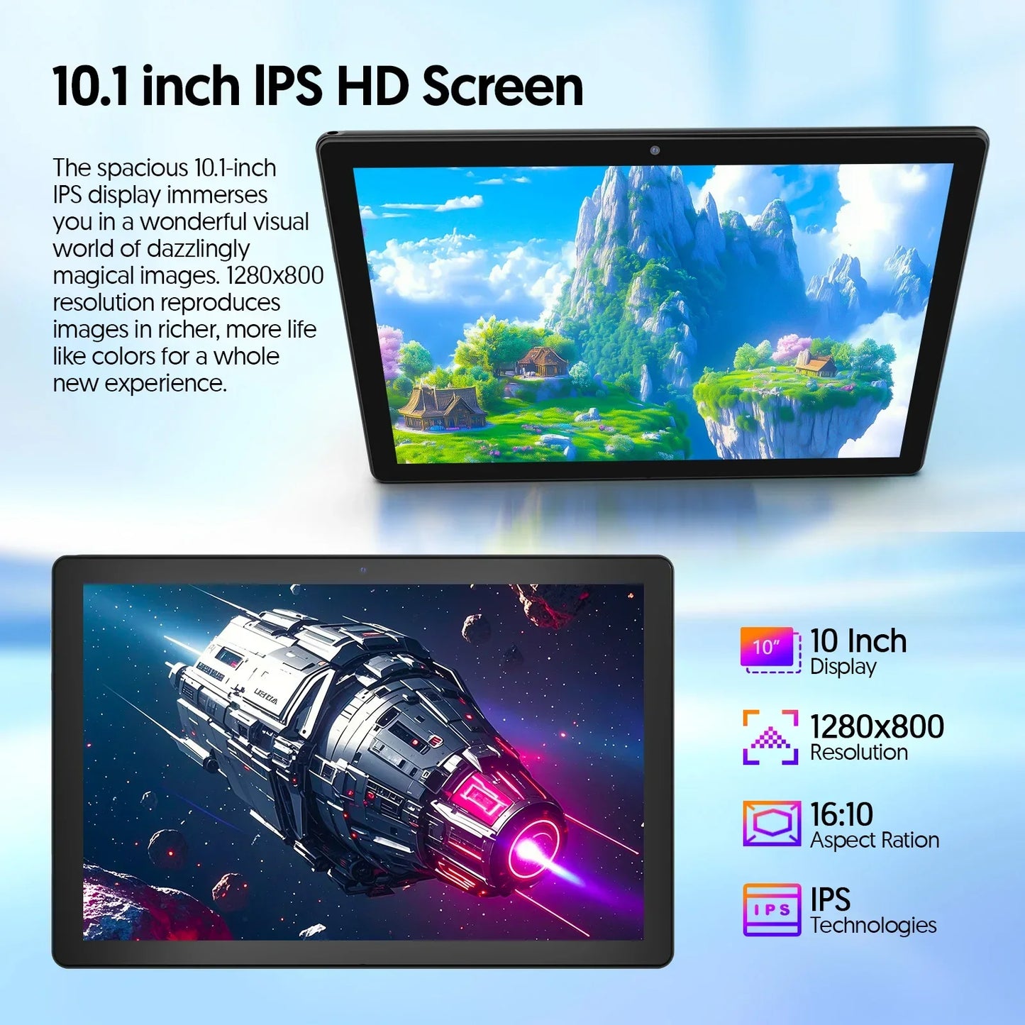BAKEN 10-inch Android 15 tablet, quad-core processor, 12GB (3+9 expansion) RAM + 64GB storage, 5G WiFi, 1280*800 dual cameras