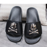 2025 New Arrival Men Genuine Leather Skull Slippers Men's Solid Flat Non-slip Rubber Soles Metal Skull Slides Unisex
