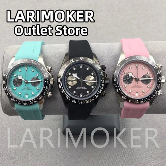 LARIMOKER 39mm Chronograph VK64 Quartz Watch For Men Sapphire Glass Luminous Hand Blue Black White Pink Rubber Bracelet Watch