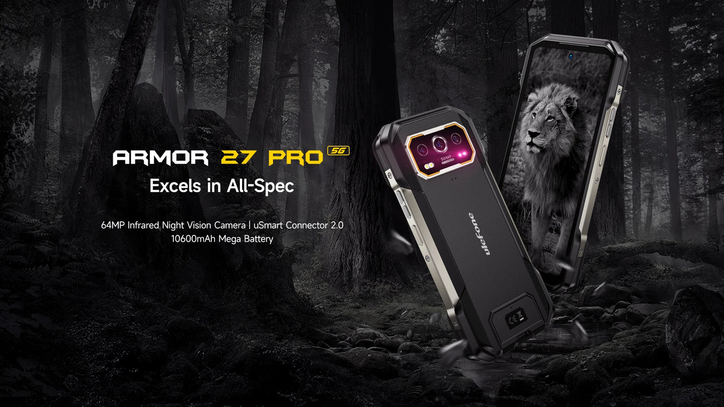Ulefone Armor 27 Pro 5G Rugged Phone 10600mAh Smartphone 50MP Camera 64MP Night Android 14 Up to 24GB+256GB NFC Waterproof Phone