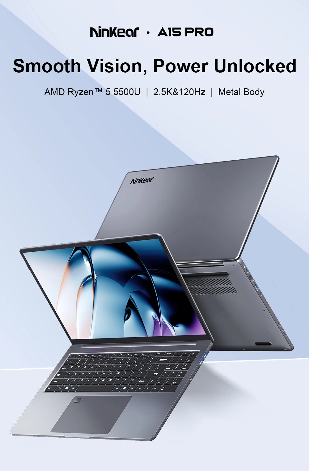 Ninkear A15 Pro Laptop AMD Ryzen 5 5500U 16 inch 120Hz 2560*1600 Display Screen 16GB 512GB Fingerprint Unlock Notebook Computer