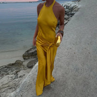 2025 Women Sexy Backless Solid Beach Dress Fashion Lace-Up Waist Slim Satin Long Dress Elegant Round Neck Sleeveless Party Dress