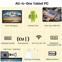ANRY 10.95 Inch Tablet Android 15 HD Display 12GB RAM 128 ROM Fast Charging 8000mAh 5G WiFi Octa-Code Android Tablets with Case