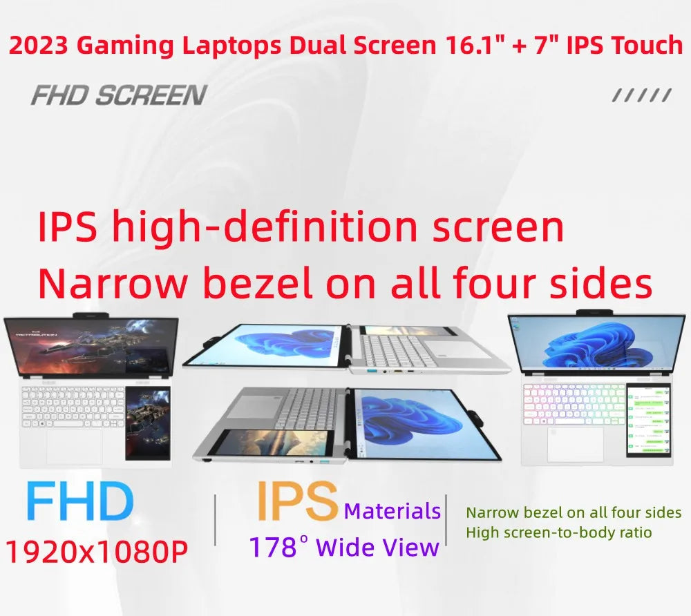 New Arrivals 12th Generation Intel N100 Dual Screen Laptop Gaming Laptop 15.6inch 2K LCD+7inch IPS Touch Screen PC Portable
