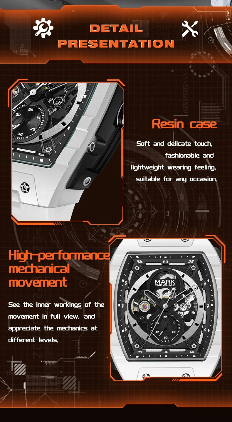 Mark Fairwhale 6014 Brand Rubber Strap Waterproof Luminous Men's Automatic Mechanical Watch Barrel Shape Watches for Men
