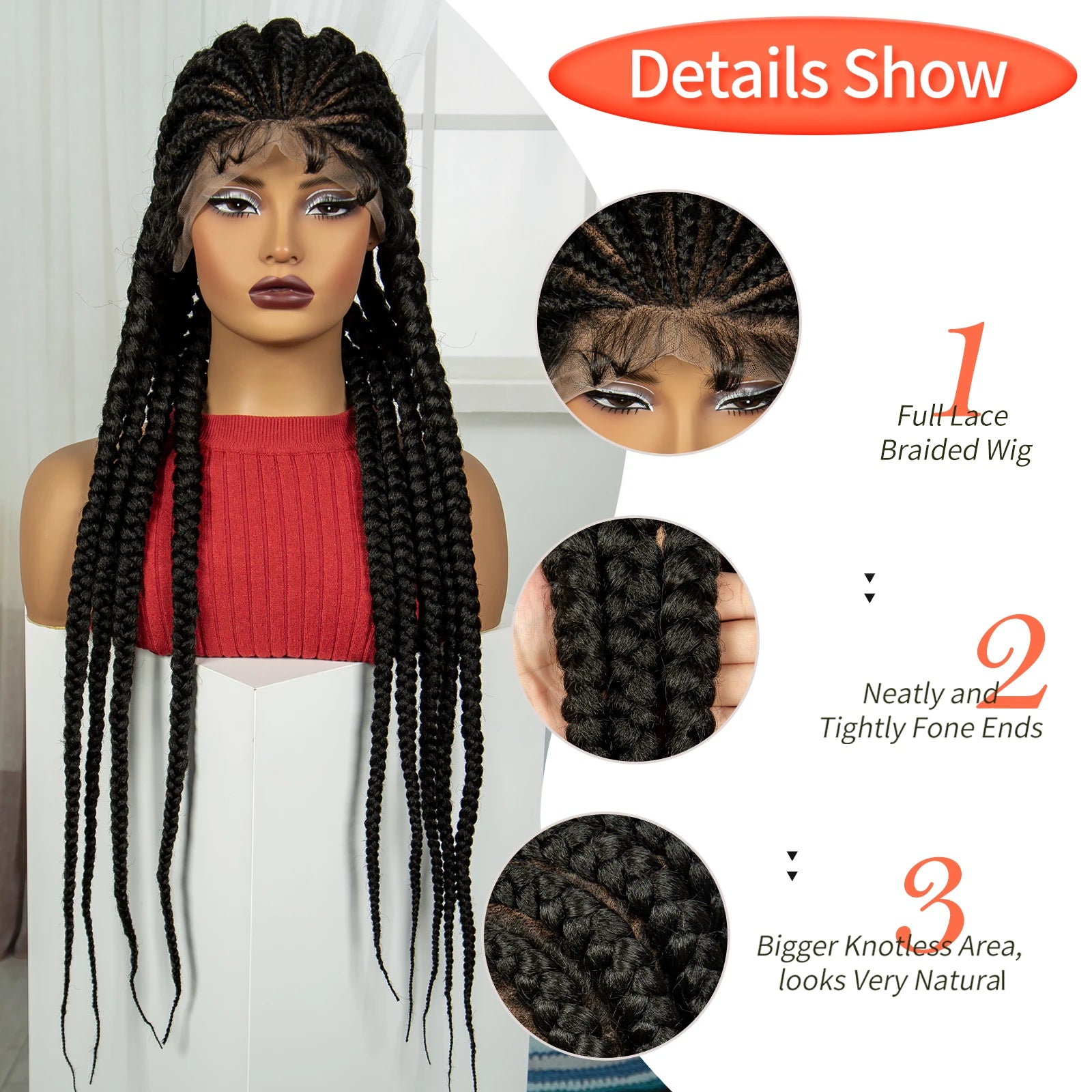 32INCH Cornrow Braided Wigs Synthetic Full Lace Braids Wig with Baby Hair Lace Frontal Knotless Braided Lace Wig for Black Women