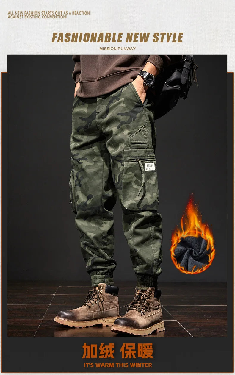 2025 NewMen's Fleece-Lined American Camouflage Casual Multi-Pocket Loose Zipper Jogger Pants Autumn Youth Trendy Workwear