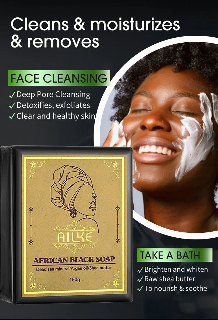 AILKE African Natural Black Soap for Face and Body, Brightening Skin, Reduce Acne, Deep Cleansing, Oil Control, Moisturizing