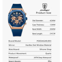 POEDAGAR Business Watch For Men Waterproof Luminous Chronograph Date Man Wristwatch Silicone Strap Quartz Men's Watches Male+Box