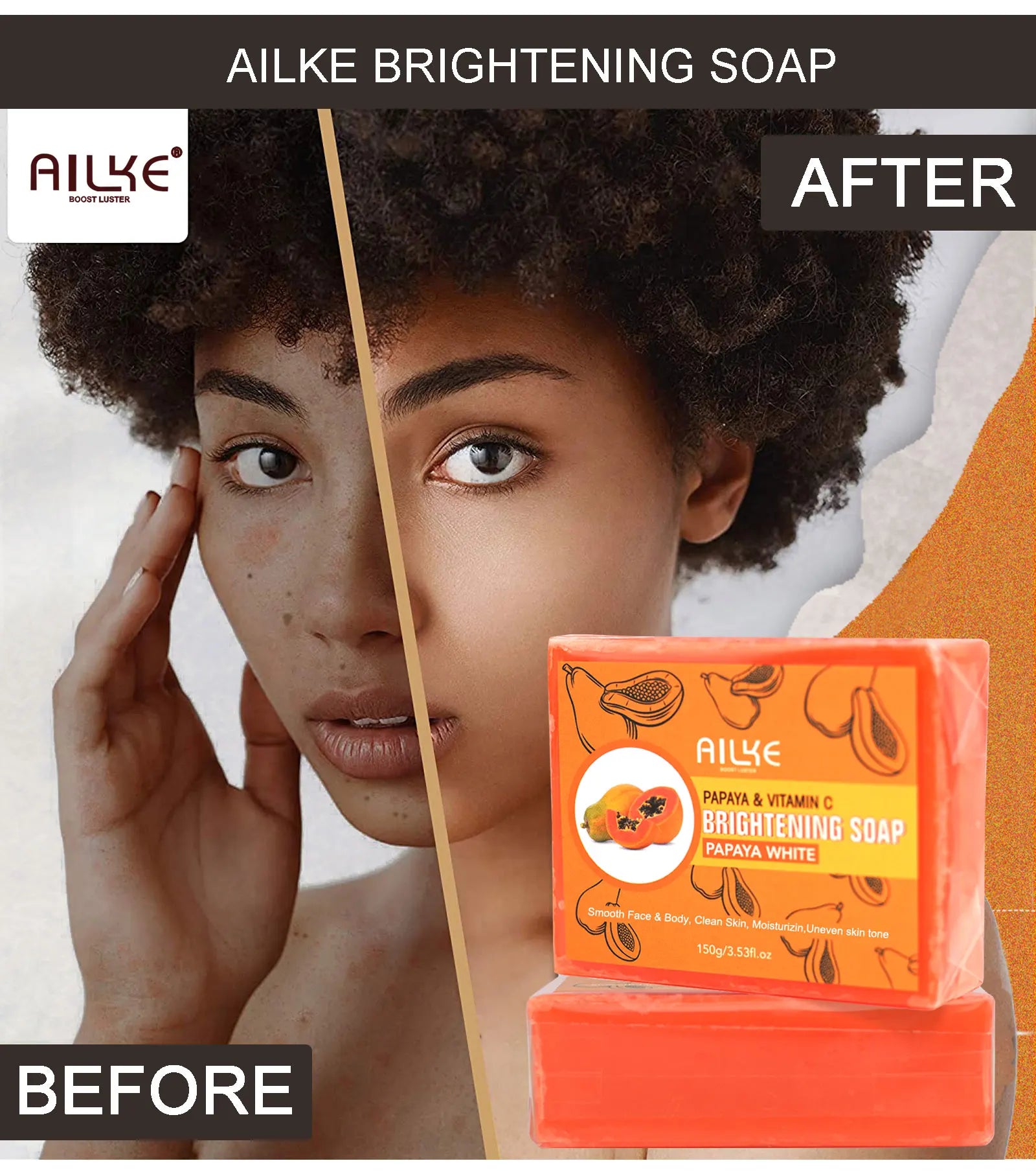 AILKE Skin Whitening Handmade Soap -Organic Papaya Soap For Black Spots, Clean Stains, Improves Dull Skin, Face & Body & Hands