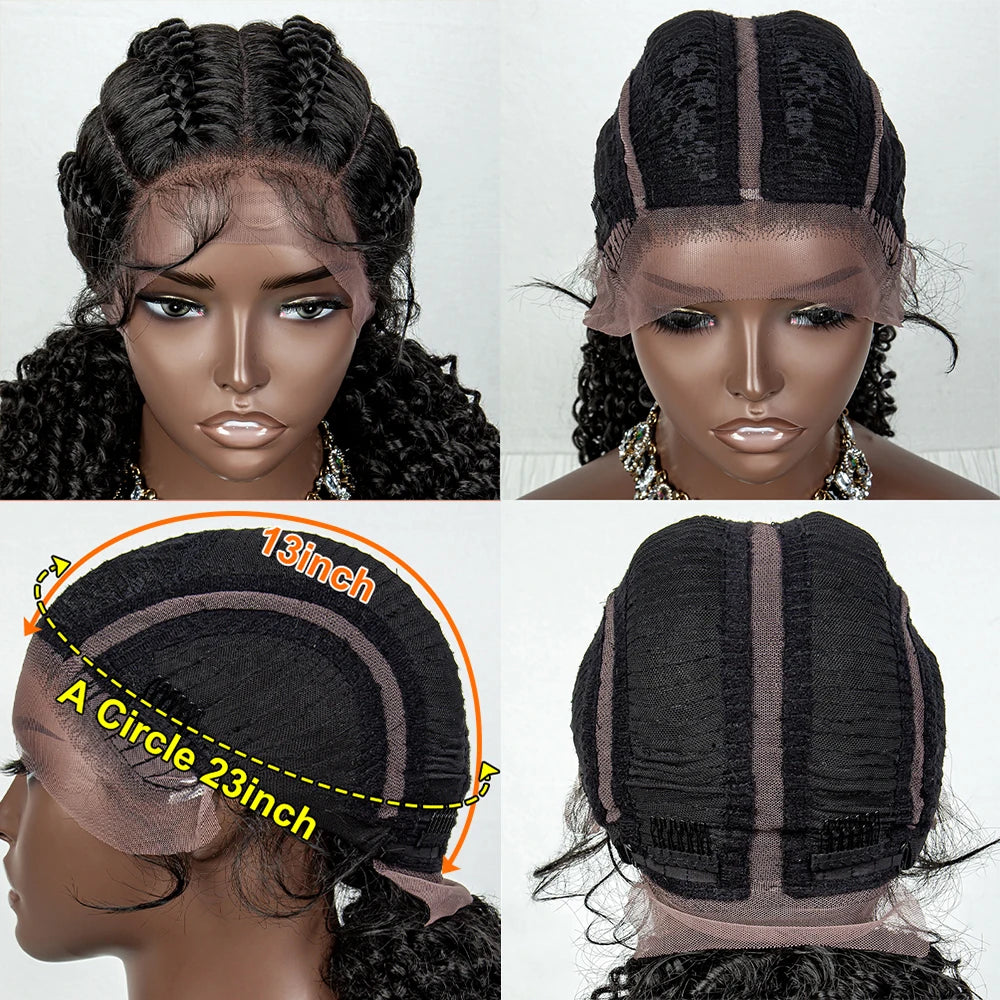 22inch Cornrow Braided Wigs Synthetic Lace Front Braids Wigs with Baby Hair 2 Curly Ponytail Braided Wigs for Black Women