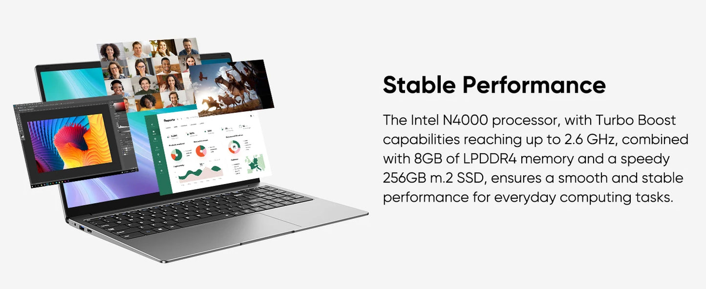 15.6 "Thin & Portable Laptop Computer Intel Celeron N4000 8GB RAM 256GB SSD FHD 1920x1080 16:9 Display For Work And Study