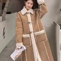 2025 Autumn Winter Women's Simple and Chic Long Coat with Button Design Lamb Wool Collar, Versatile and Stylish for Casual Wear