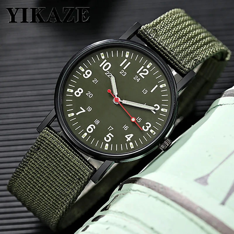 YIKAZE Fashion Men's Watches Luxury Military Men Quartz Watch Canvas Strap Luminous Hands Clock Sports Wristwatch for Man Male