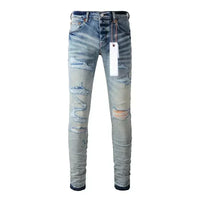 2025 Jeans Man's High Street Blue Ripped Distressed Skinny Jeans Low Rise Denim Trousers Fashion Repair Pants 9003