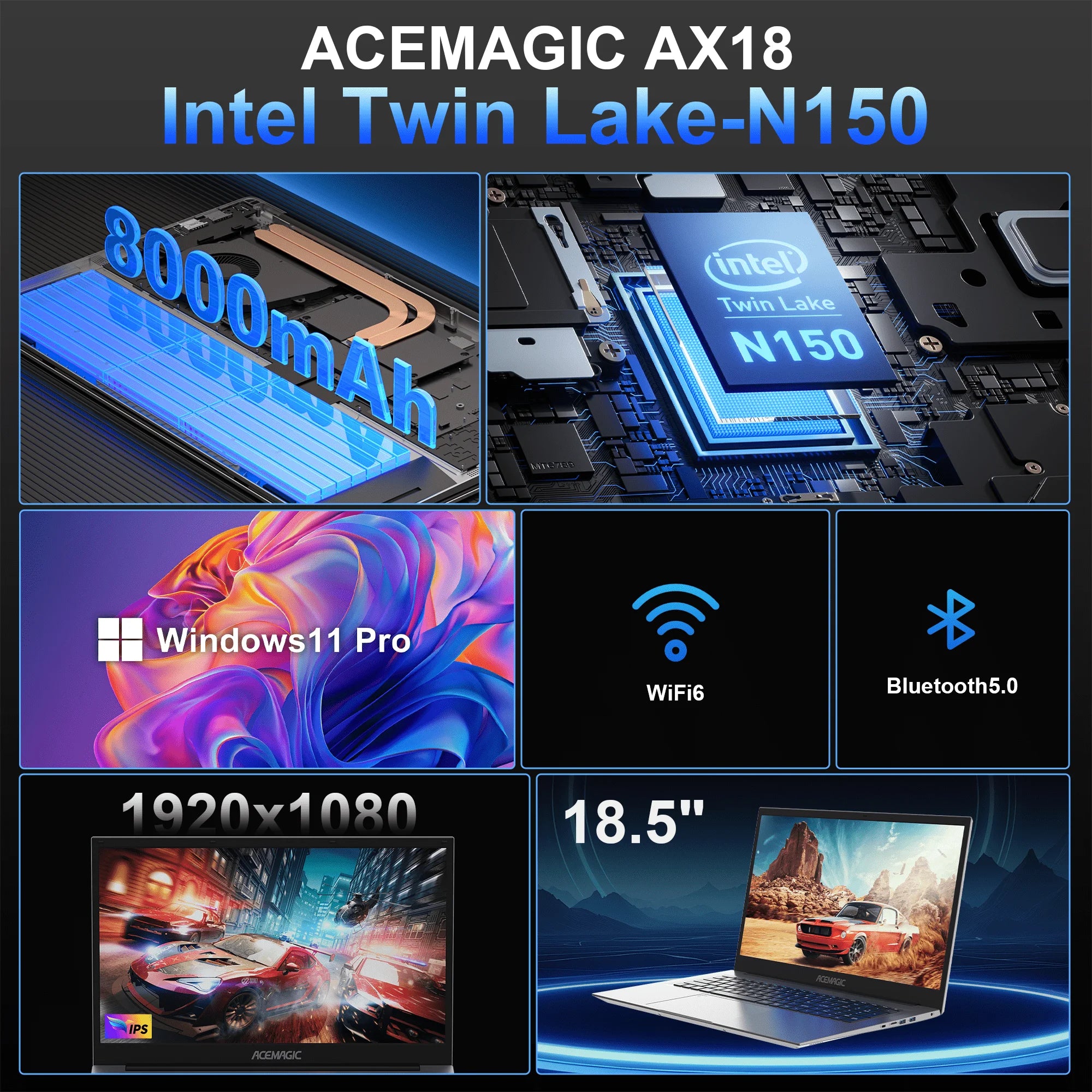 KAMRUI Laptop Computer 18.5" FHD 8000mAh Intel N150 Quad-Core Windows 11 PRO 16GB DDR4 RAM 512GB M.2 SSD WiFi5 Desktop Notebook