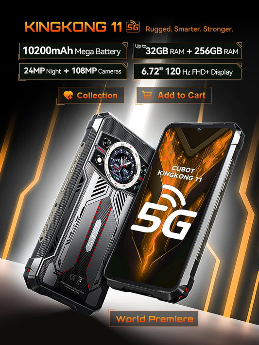 Rugged Smartphone 5G Cubot KingKong 11, 10200mAh Battery, Dimensity 7025, 6nm, 2.5GHz, 32GB RAM(16+16), 256GB ROM,108MP Camera