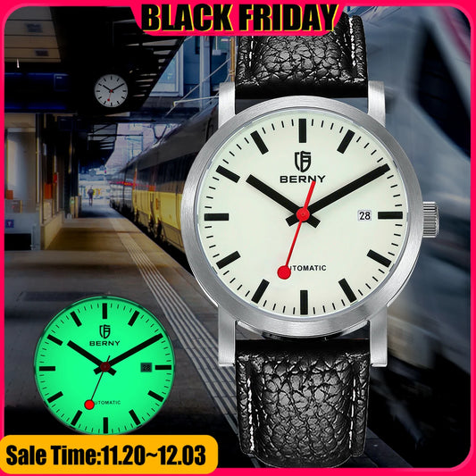 BERNY Watch for Men Automatic Self-Wind Luxury Watch Sappire MIYOTA 8215 Top Luminous 5ATM Mechanical Railroad Wristwatch