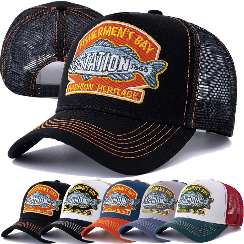Unisex Summer Fishing Cap Breathable Mesh Trucker Hat Men Women Big Fish Fisherman Embroidered Snapback Hat Outdoor Fishing