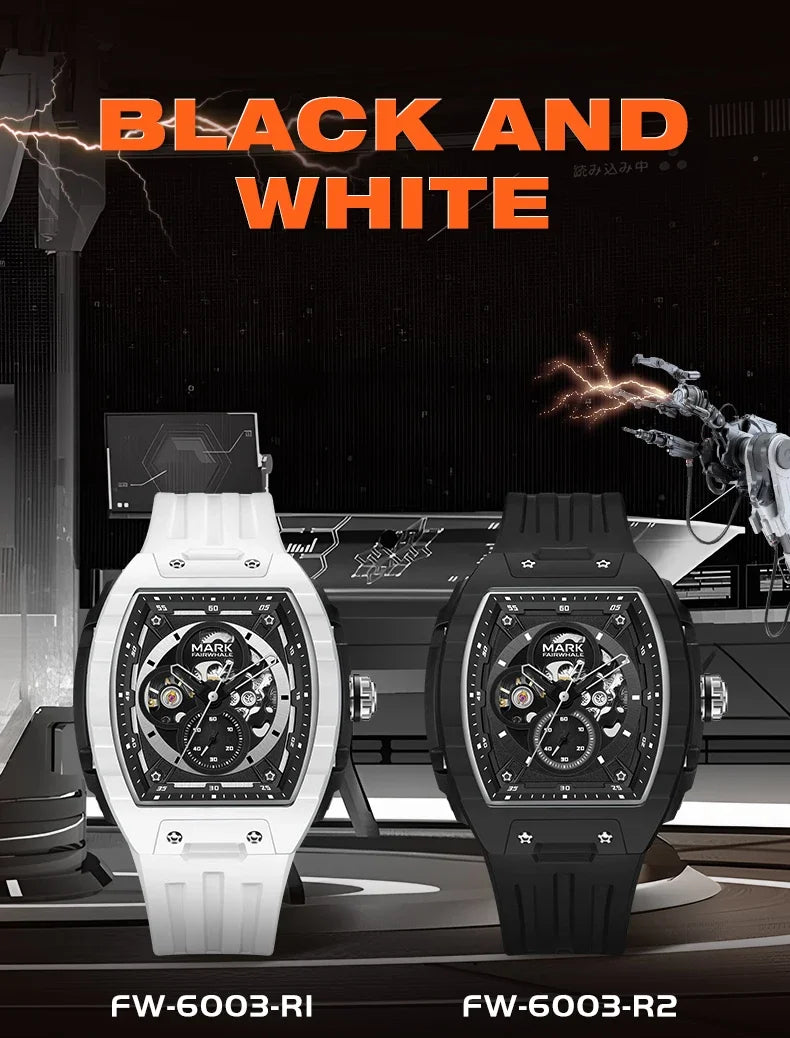 Mark Fairwhale 6014 Brand Rubber Strap Waterproof Luminous Men's Automatic Mechanical Watch Barrel Shape Watches for Men